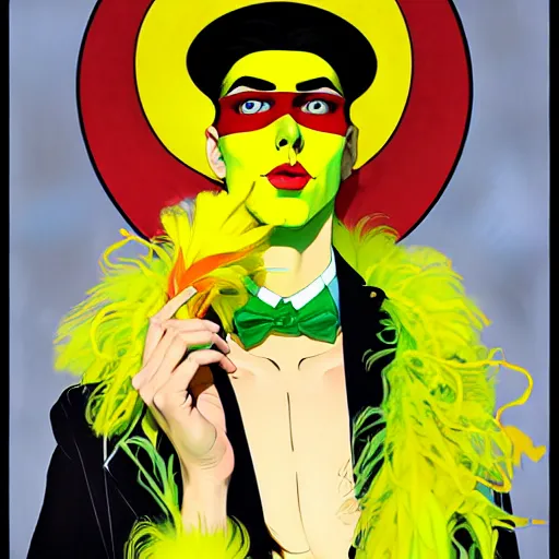 Image similar to art by joshua middleton, the yellow creeper, a tall manically smiling yellow - skinned man with green and black striped cycling shorts and wearing a long red feather boa, yellow makeup, mucha, kandinsky, poster, comic art, stylised design