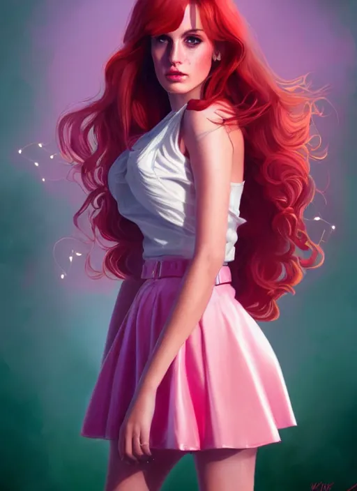 Image similar to full body portrait of teenage cheryl blossom, bangs, green eyes, sultry expression, red hair, sultry smirk, bangs and wavy hair, pink skirt, intricate, elegant, glowing lights, highly detailed, digital painting, artstation, concept art, smooth, sharp focus, illustration, art by wlop, mars ravelo and greg rutkowski