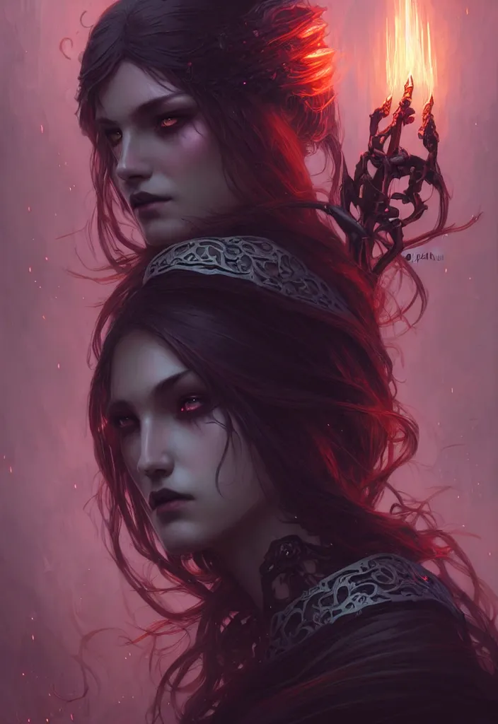 Image similar to Necromancer Sorceress face, fantasy magic, undercut hairstyle, dark light night, intricate, elegant, sharp focus, illustration, highly detailed, digital painting, concept art, matte, art by WLOP and Artgerm and Greg Rutkowski and Alphonse Mucha, masterpiece