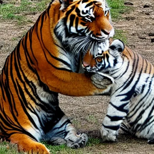 Image similar to a tiger hugging a man