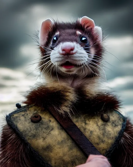 Image similar to ferret warrior, furry, fantasy, viking, high detailed, photography, cloudy, lightweight leather armour, scandinavia, plain, detailed face, look into the distance, serious face, full body, in full growth, professional photographer, masterpiece, 5 0 mm, extremely detailed, 8 k