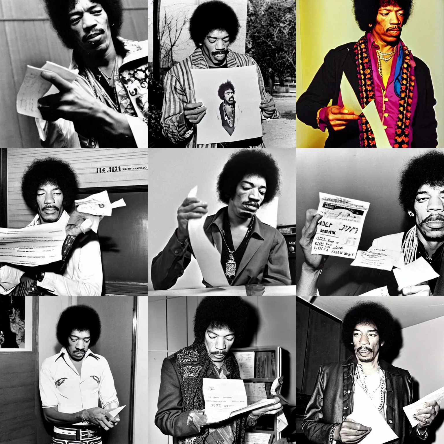 Prompt: jimi hendrix picking up a piece of paper