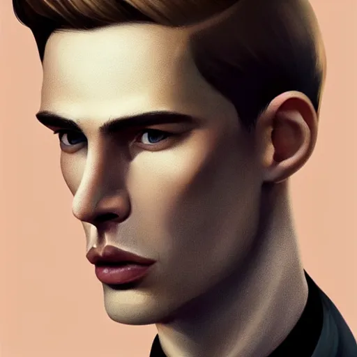 Image similar to tall man in his twenties with brown blond short quiff hair and thin slightly round facial structure with cleft chin, straight eyebrows and prominent nose, good definition of cheekbones, big hazel nut brown eyes, narrow face, slim body, atmospheric lighting, painted, intricate, 4 k, highly detailed by charlie bowater