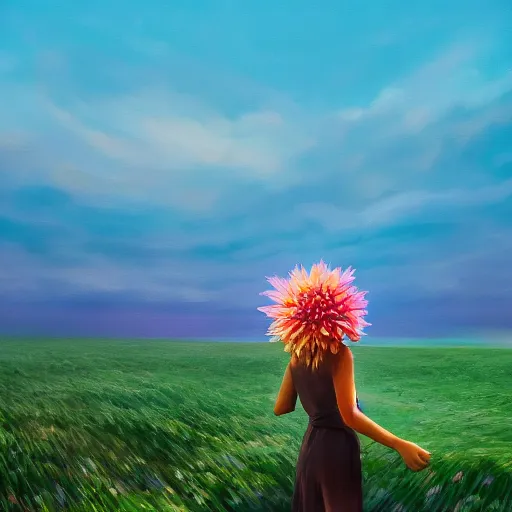 Prompt: closeup giant dahlia flower under head, girl walking between dunes, surreal photography, sunrise, blue sky, dramatic light, impressionist painting, digital painting, artstation, simon stalenhag