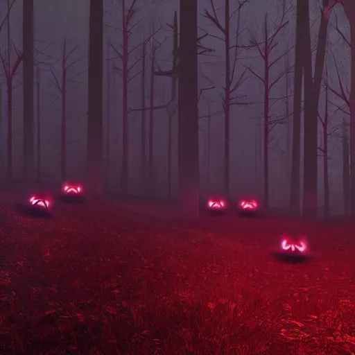 Image similar to An octane render of many pairs of red glowing eyes in a dark forest