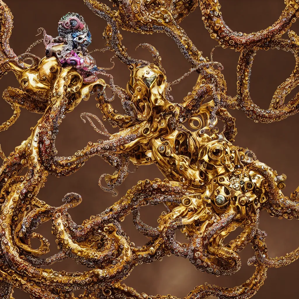 Prompt: a high-resolution color-chrome extreme closeup portrait photo of a octopus fighting a incredible elegant pale renaissance rococo Queen, with ornate jewelled, rococo Queen, sci-fi, high-tech, beautiful low light, style Steve McCurry Octane render 8k