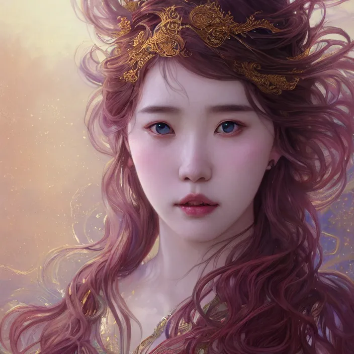 Prompt: beautiful iu with sparkling eyes, messy hair, closed up portrait, highly detailed, gold filigree, epic, stunningly beautiful, insanely detailed, fantasy novel, soft cinematic lighting, award, disney concept art, watercolor illustration by mandy jurgens and alphonse mucha and alena aenami, pastel color palette, featured on artstation