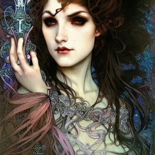 Prompt: realistic detailed face portrait of a Ghostly Gothic Vampire Bride by Alphonse Mucha, Ayami Kojima, Amano, Charlie Bowater, Karol Bak, Greg Hildebrandt, Jean Delville, and Mark Brooks, Art Nouveau, Neo-Gothic, gothic, rich deep moody colors