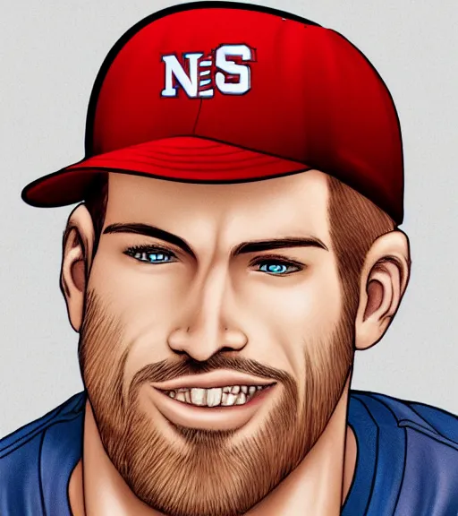 Image similar to tall skinny white guy with very short blonde beard wearing an nc state red baseball cap and red shirt full color digital illustration in the style of don bluth, artgerm, artstation trending, 4 k