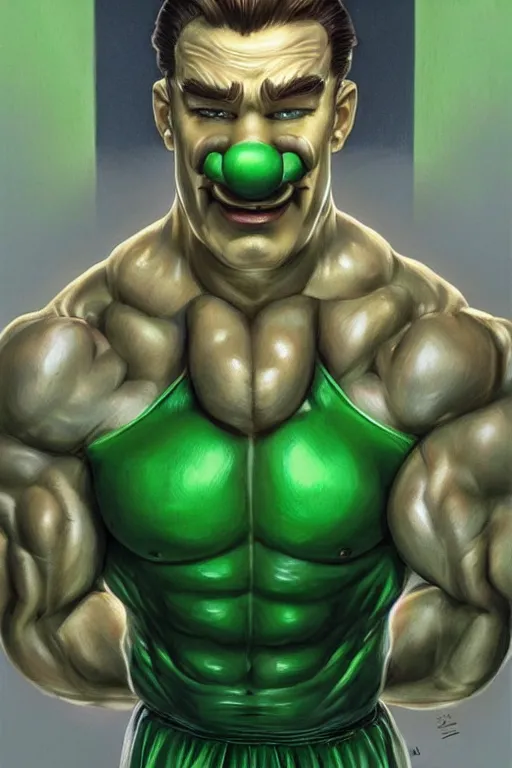 Image similar to muscular luigi wearing a green jumpsuit by ilya kuvshinov, bodybuilder ernest khalimov, super mario bros symmetrical face concept art, hyper realistic, intricate, elegent, highly detailed, digital painting, concept art, smooth, sharp, focus, illustration, art by artgerm and greg rutkowski and alphonse mucha, artstation