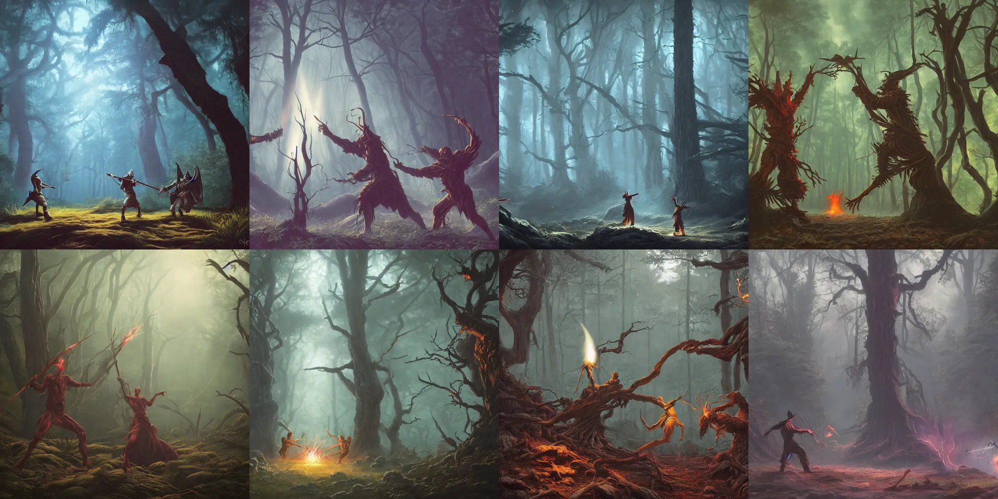 Prompt: two nuclear wizards dueling in the forest, by gerald brom and noah bradley octane render, dynamic lighting