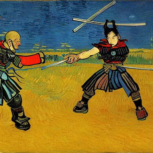 Image similar to samurai fights robots by van gogh