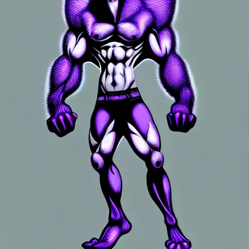 Prompt: anthropomorphic muscular purple wolf, generic furry style, wearing jeans, deviant art, professional furry drawing, insanely detailed, artistic design, hyper detailed wolf - like face, doing a pose from jojo's bizarre adventure, detailed veiny muscles, exaggerated features, beautiful shading, huge spikey teeth, grinning, detailed face