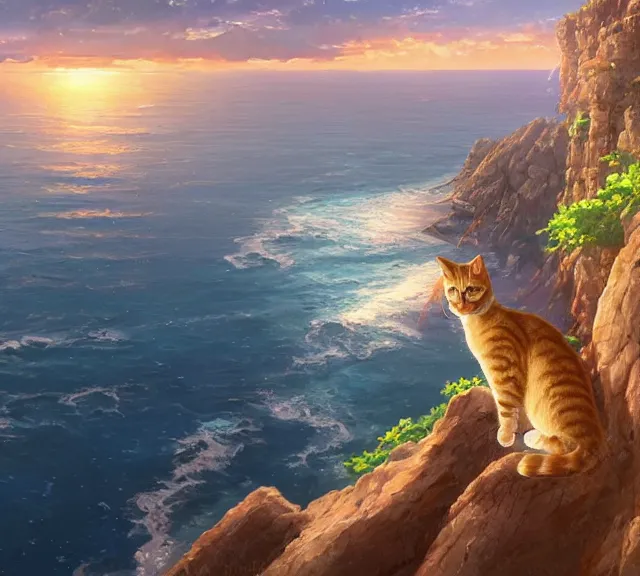 Prompt: a tabby cat sitting on a cliff overlooking the sea. Atmospheric lighting, sunset, blue sea. By Makoto Shinkai, Stanley Artgerm Lau, WLOP, Rossdraws, James Jean, Andrei Riabovitchev, Marc Simonetti, krenz cushart, Sakimichan, trending on ArtStation, digital art.