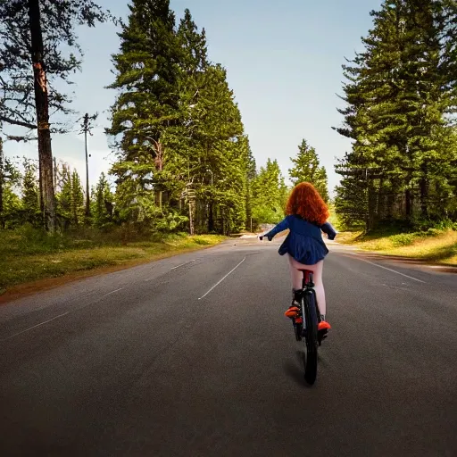 Image similar to Sadie Sink (Maxine Mayfield) from Stranger Things riding her bike in the middle of the street with forest in the background, looking straight ahead, her bike's flashlight illuminating the ground, realistic, extremely high detail, photorealistic, no shadows, 8k