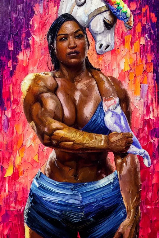 Image similar to palette knife oil painting portrait of estrella, a muscular bouncer with a unicorn horn, extreme detail, artstation trending, artgerm, any racial background, deviant art, octane, substance, art history 8 k