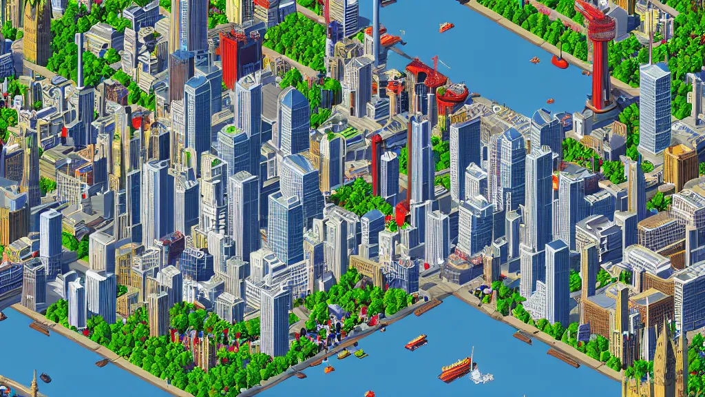 Image similar to aerial shot of London over the South Bank rendered in SimCity 2000, pixel art, 32bit, highly detailed, natural light