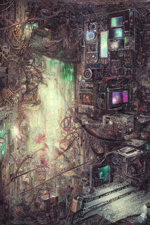 Image similar to all the art inside a computer's printed circuits painted by mahmoud farshchian, mia brownell, very detailed,, hyper realism, cyberpunk shading, cinematic composition, photorealistic, wide shot