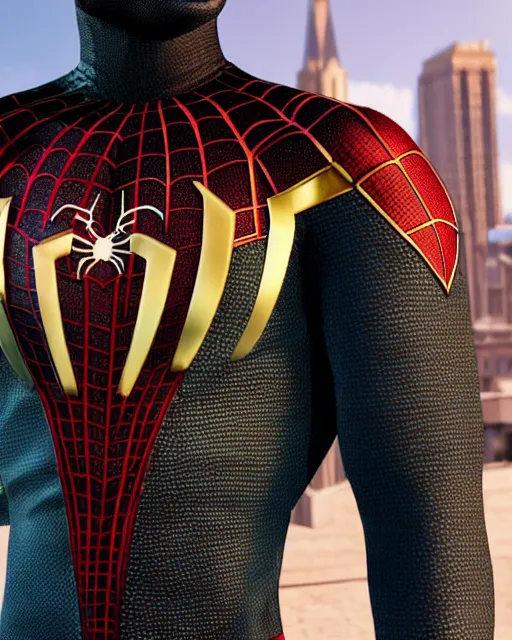 Image similar to photorealistic, hyperdetailed photograph of black spider - man suit with gold webbing by insomniac games