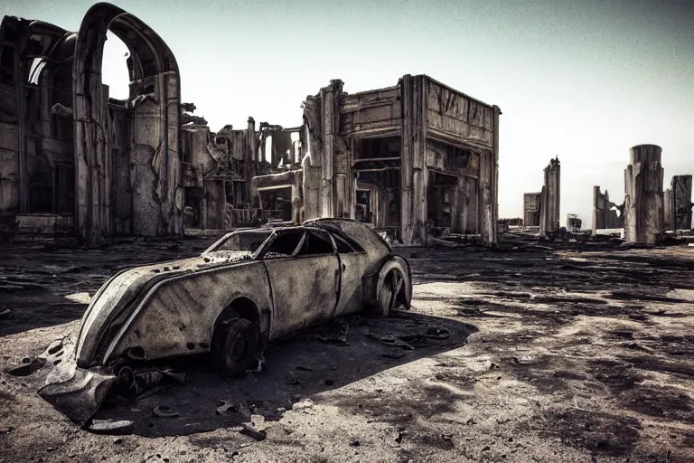 Prompt: intense sun desert landscape futuristic city ruins fallout post apocalyptic, car shell