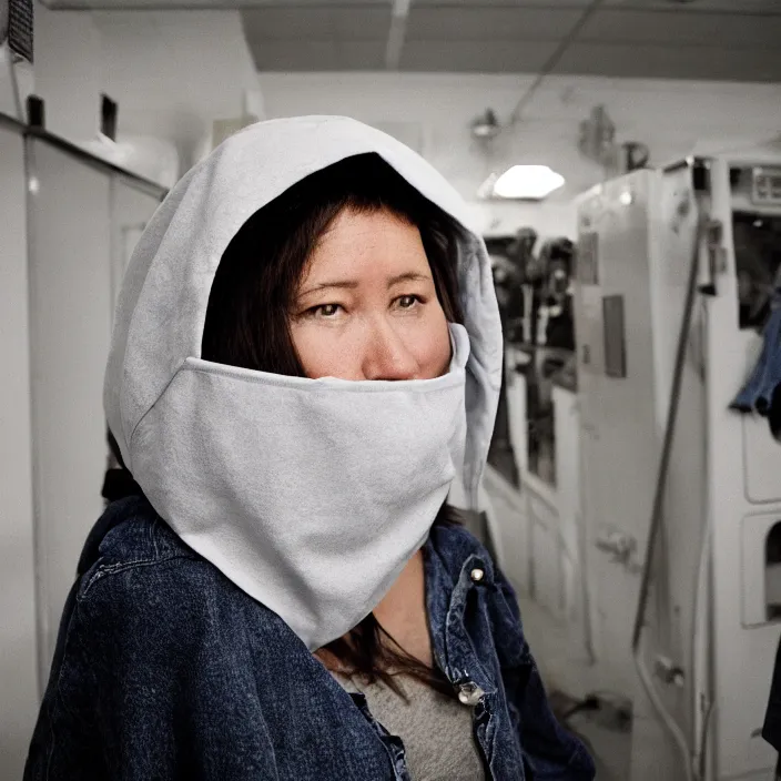 Image similar to a woman wearing a hood made of wire and plastic, in a laundry mat, color photograph, by john currin, canon eos c 3 0 0, ƒ 1. 8, 3 5 mm, 8 k, medium - format print