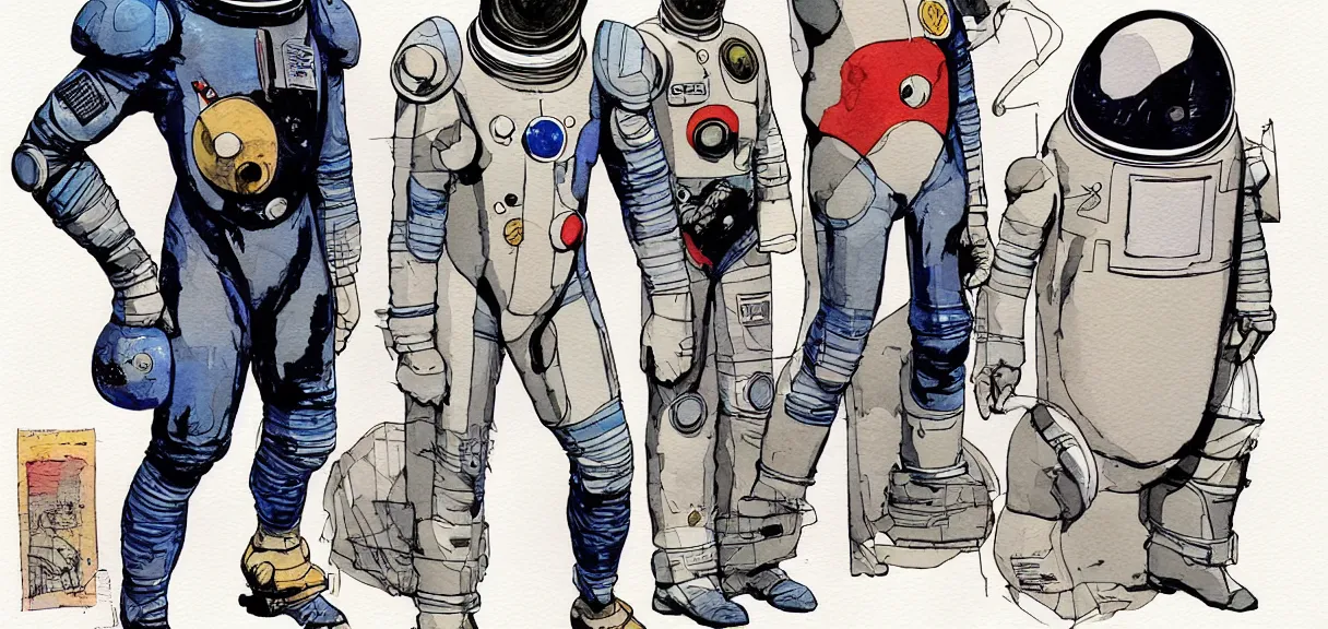 Image similar to male, full body, space suit with a modern helmet, character sheet, science fiction, very stylized character design, pen and ink, digital painting, watercolor wash, by mike mignola, by alex maleev, jean giraud