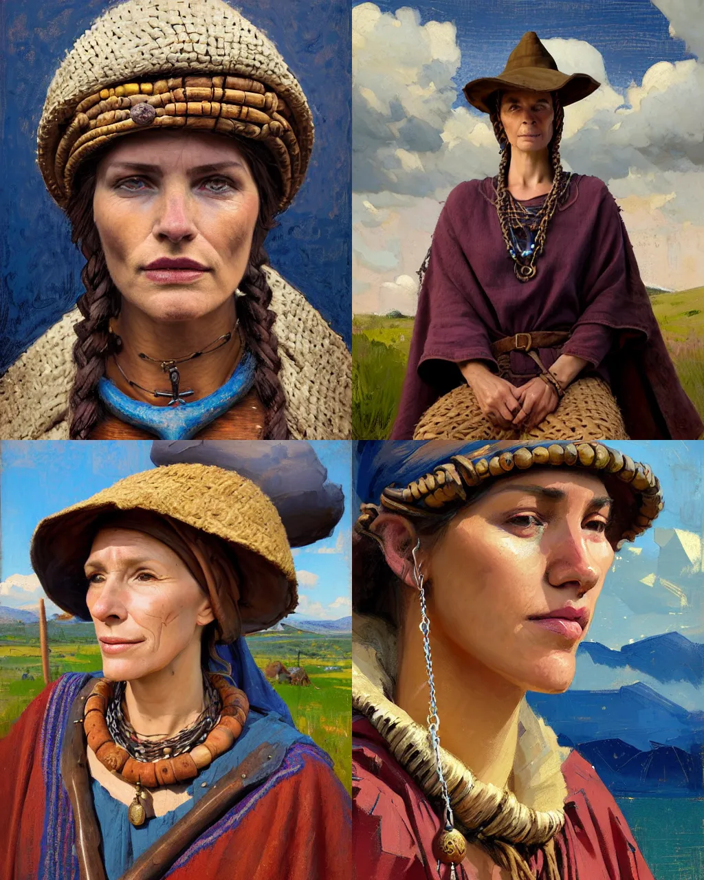 Image similar to portrait of medieval farmer woman with wooden jewelry, mediterranean features, wearing rich jewerly hat and deep blue boho poncho, fantasy character close up portrait, sitting dynamic pose, Low poly, thunder clouds in the sky, artwork by Jeremy Lipkin and Giuseppe Dangelico Pino and Michael Garmash and rob rey, levitation, industrial rusty pipes, simple form, brutal shapes