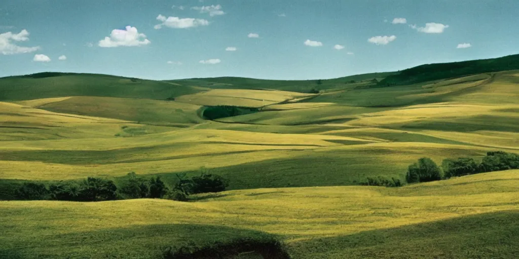 Prompt: A full color still from a Stanley Kubrick film featuring rolling green hills with windows, doors, and chimneys built into the hills, 35mm, 1975