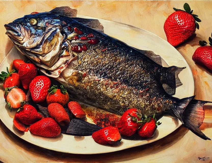 Prompt: a grilled whole fish served with strawberries. this oil painting by the award - winning mangaka has a beautiful composition, great sense of depth, dramatic lighting and intricate details.