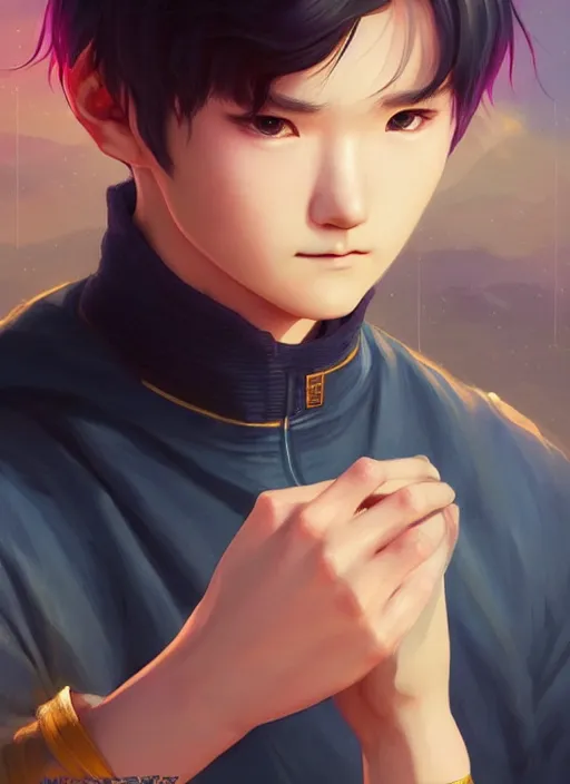Image similar to : + aesthetic portrait commission of a of MIN YOONGI SPOCK + VEINY HANDS + hyperdetailed face at golden hour, safe for work (SFW). Character design by charlie bowater, ross tran, artgerm, and makoto shinkai, detailed, 2021 award winning film poster painting