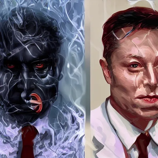 Prompt: elon musk is two face, harvey dent from batman, one face side has dragonskin fantasy sharp focus intricate elegant digital painting
