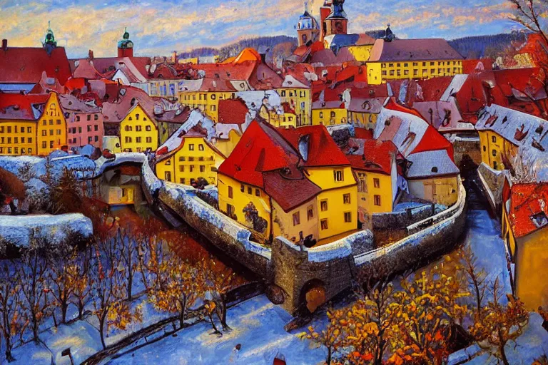 Prompt: cesky krumlov in winter by jeffrey smith, vibrant contrast, cubism, 3 d depth, oil on canvas, trending art station, masterpiece