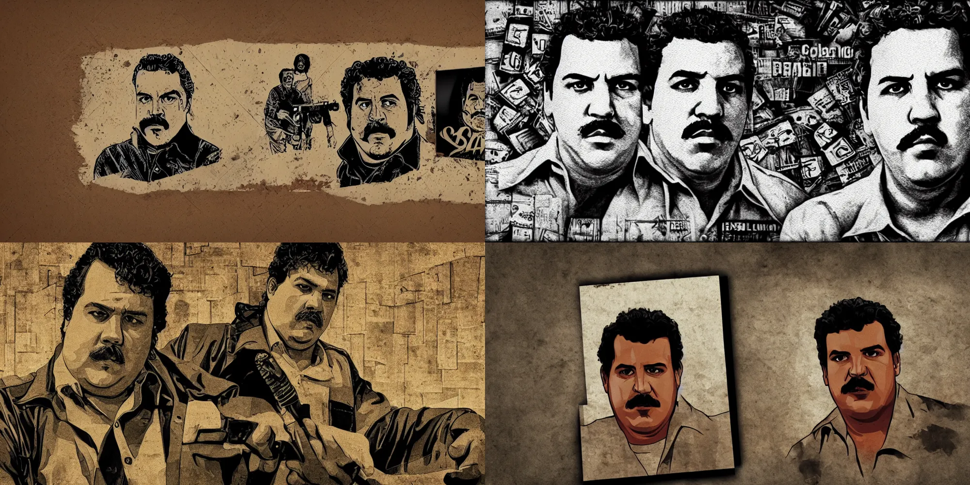 Prompt: pablo escobar gta loading screen art, film grain, paper texture