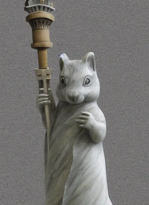 Image similar to A marble statue of a squirrel holding an acorn in the style of Statue of Liberty