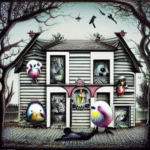 Image similar to anamorphic birds walking past a house, lowbrow surrealistic, in the style of Mark Ryden,