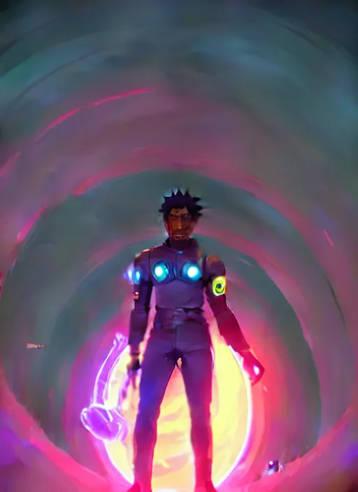 Image similar to engineer stepping through glowing portal, handsome black man, full body cinematic | hyperrealistic digital painting by makoto shinkai, ilya kuvshinov, lois van baarle, rossdraws | afrofuturism in the style of hearthstone and overwatch, trending on artstation | green highlights and complimentary colors