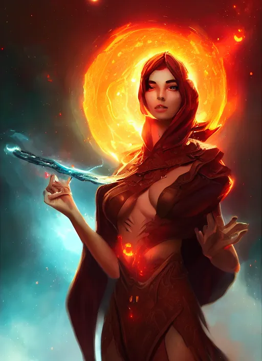 Prompt: fire mage in galaxy, artgerm, wlop, artstation, digital art, epic, best, detalied, high quality,