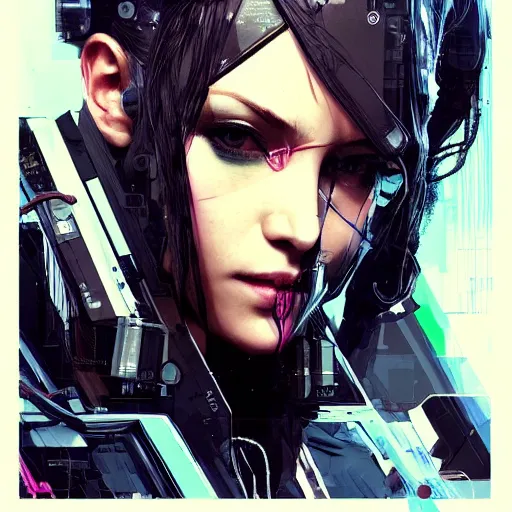 Prompt: a beautiful side portrait of a female cyberpunk hacker, wires, cables, computers, machines. art by yoji shinkawa and sandra chevrier, trending on artstation,