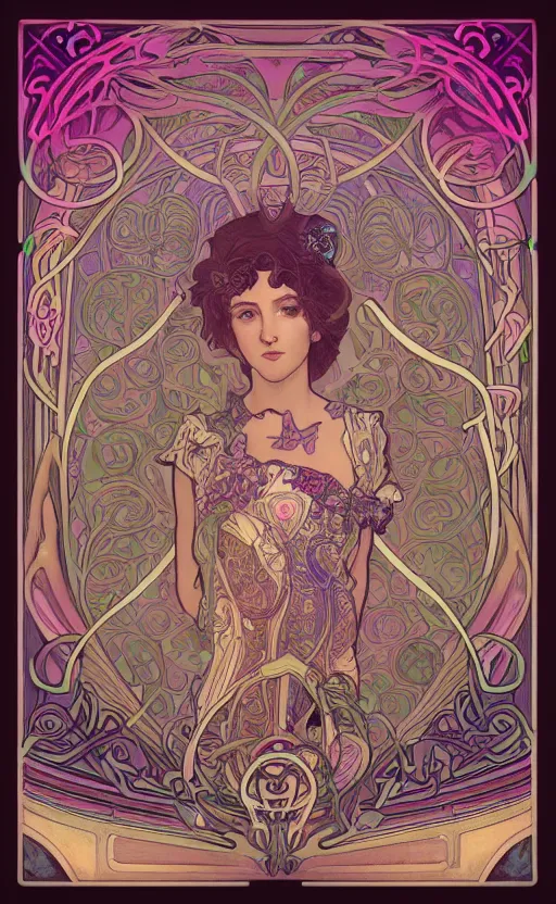 Image similar to code : art nouveau, alphonse mucha, glowing, runes, neon, pastel, floral print pattern, epic, 3 ds max + v - ray, deep depth of field, elegant, dark background, symmetrical, extremely detailed