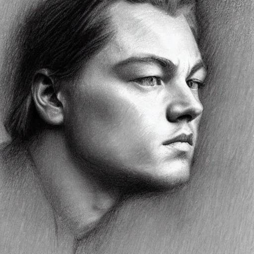 Prompt: portrait drawing of young leonardo dicaprio, by Ilya Repin, charcoal, pencil, 20th century russian academic art, naturalistic, somber, loose line work