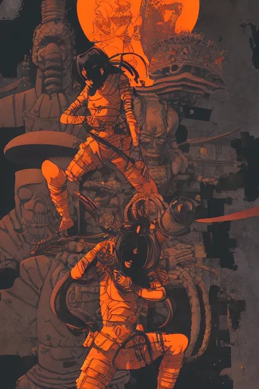 Image similar to interzone orange grey secret society, samurai girl at the crumbling temple by ashley wood and mike mignola and mike ploog and katuya terada and moebius, artstation, 4 k detailed post processing, footage