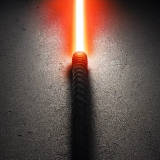 Image similar to ultra - detailed cinematic render, of a lightsaber hilt, lying vertically on a stone, lit up in a dark room, octane render, high quality, digital art, 8 k, jedi fallen order teaser, volumetric lighting