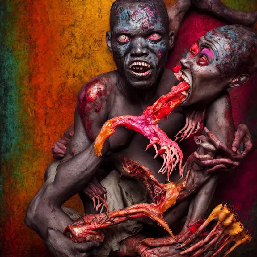 Image similar to a very colorful and beautiful ( flesh - eating ) tsikalawa, eating the leg of a terrified man, by alexandro judorowski and basia tran, fear, morbid, nightmare, supernatural, 8 k, digital art, highly detailed, chiaroscuro, creepy, terrifying