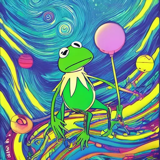 Prompt: kermit the frog by takashi murakami,, beeple and james jean, aya takano color style, 4 k, super detailed, night sky, digital art, digital painting, celestial, majestic, colorful