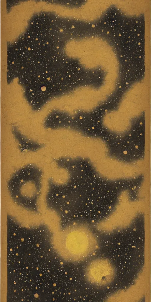 Prompt: oriental painting of the nebula, moon is far above, detailed, refined, high quality, parchment, blackened space, lots of stars, towards the bottom it fades into the parchment