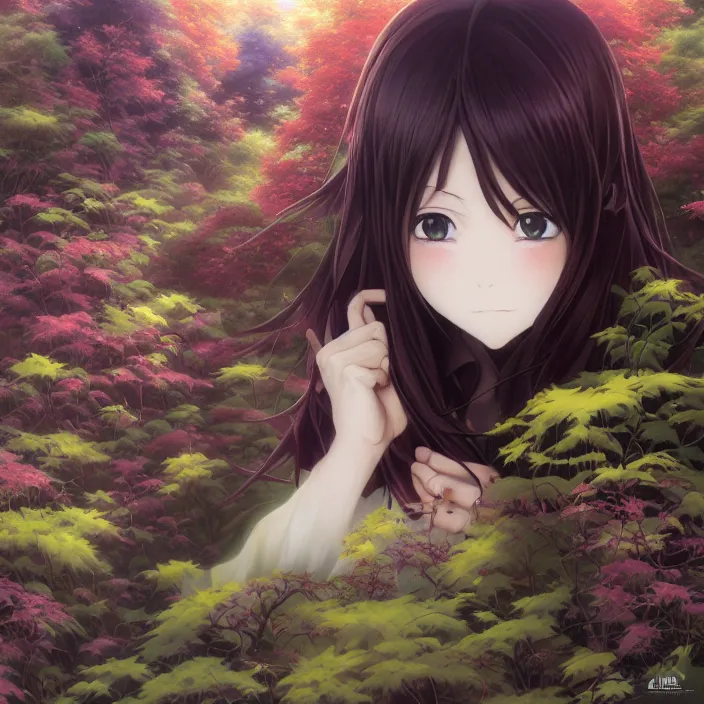 Image similar to Nishimiya Shouko, Albedo from Overlord, Mayer Re-l, Japan Lush Forest, official anime key media, close up of Iwakura Lain, LSD Dream Emulator, paranoiascape ps1, official anime key media, painting by Vladimir Volegov, beksinski and dan mumford, giygas, technological rings, johfra bosschart, Leviathan awakening from Japan in a Radially Symmetric Alien Megastructure turbulent bismuth glitchart, Atmospheric Cinematic Environmental & Architectural Design Concept Art by Tom Bagshaw Jana Schirmer Jared Exposure to Cyannic Energy, Darksouls Concept art by Finnian Macmanus