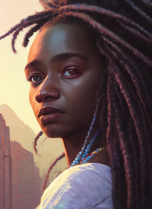 Image similar to highly detailed portrait of black girl with long hair looking at the camera in gta v, stephen bliss, unreal engine, fantasy art by greg rutkowski, loish, rhads, ferdinand knab, makoto shinkai and lois van baarle, ilya kuvshinov, rossdraws, tom bagshaw, global illumination, radiant light, detailed and intricate environment