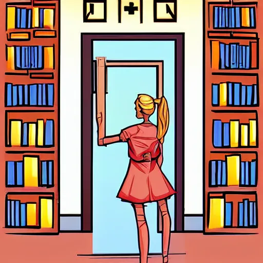 Prompt: a blonde girl wort ponytail opening a door that leads to a library in dorm of a maze. Digital art. Cover for a webcomics