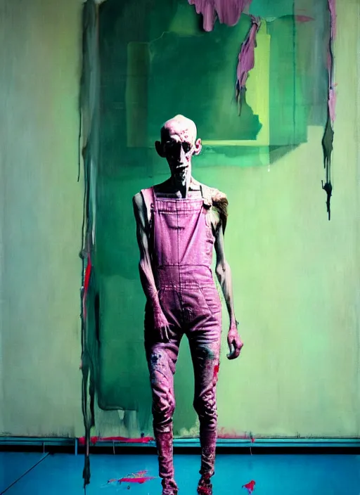 Image similar to an insane, skinny, artist wearing dirty, torn overalls, expressive painting the walls inside a grand messy studio, depth of field, hauntingly surreal, highly detailed painting by francis bacon, edward hopper, adrian ghenie, glenn brown, soft light 4 k in pink, green and blue colour palette, cinematic composition, octane render,