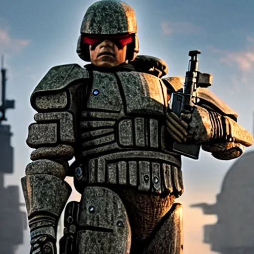 Prompt: cinematic, 4 k, full body portrait, rock golem as a soldier smoking a cigarette, still from the movie judge dredd